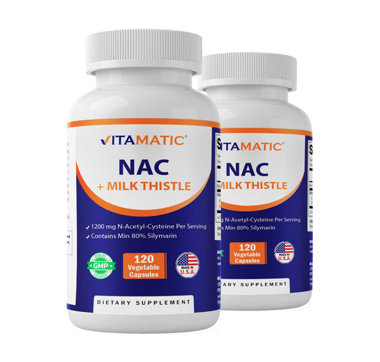 Vitamatic NAC and Milk Thistle bottle for daily immune and liver support.