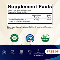 Vitamatic Pantothenic Acid bottle label highlighting 500 mg per capsule