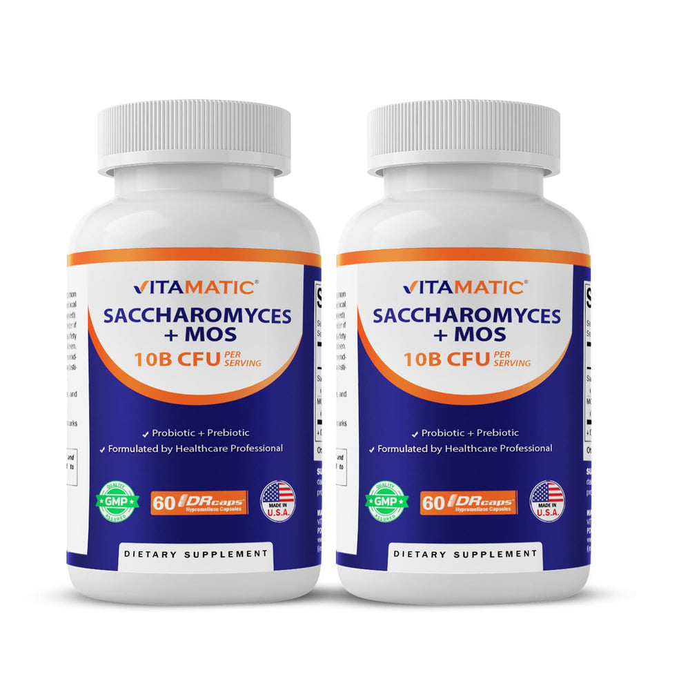 Vitamatic Saccharomyces boulardii probiotic bottle with capsules for daily gut support.