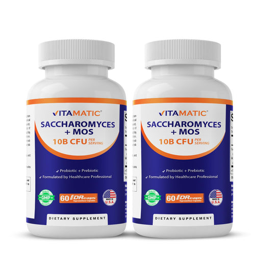 Vitamatic Saccharomyces boulardii probiotic bottle with capsules for daily gut support.