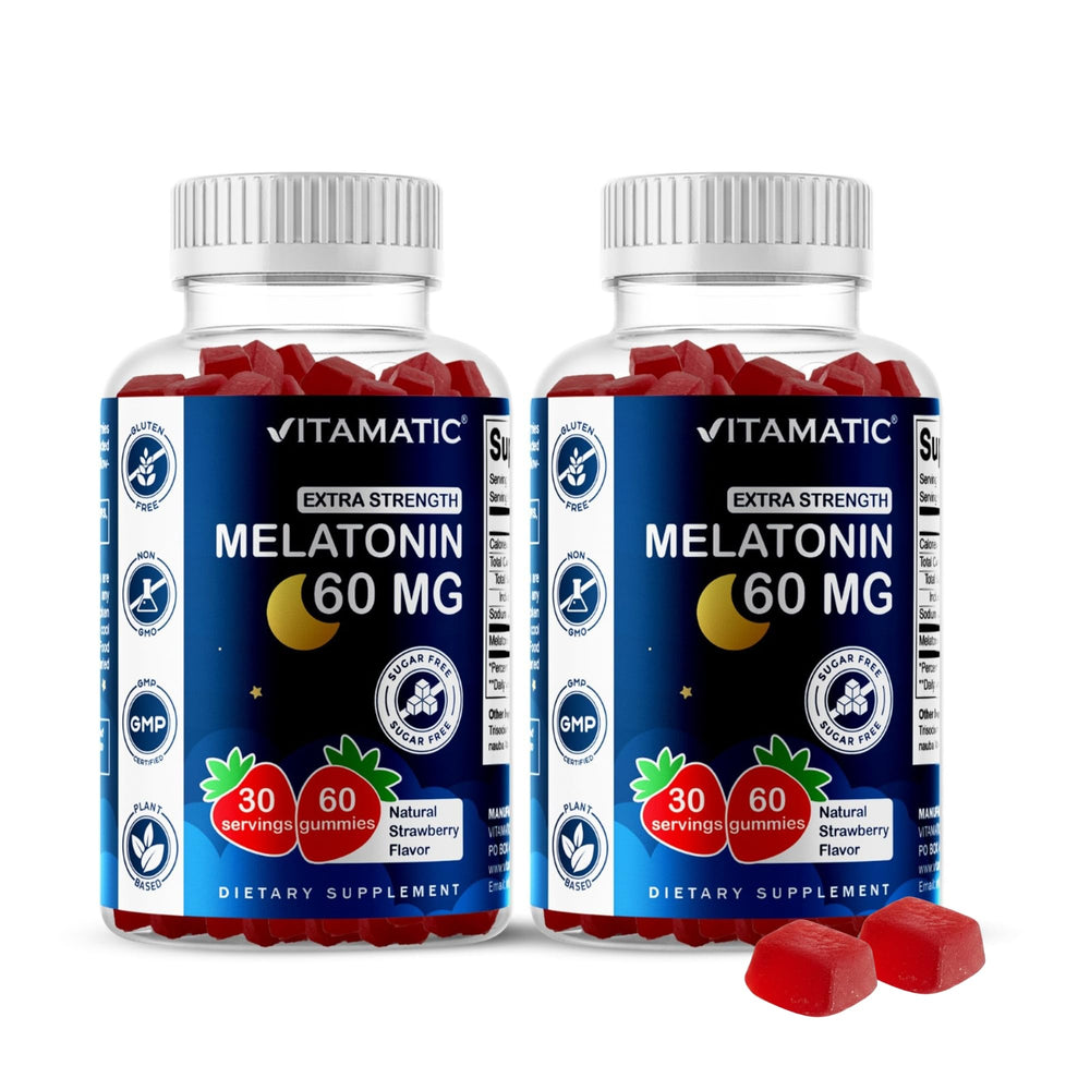 Vitamatic Sugar Free Melatonin gummies bottle on nightstand may support a restful routine