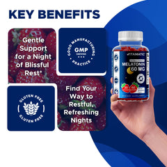 Vitamatic vegan-friendly melatonin gummies presented on green leaf highlight plant-based formula