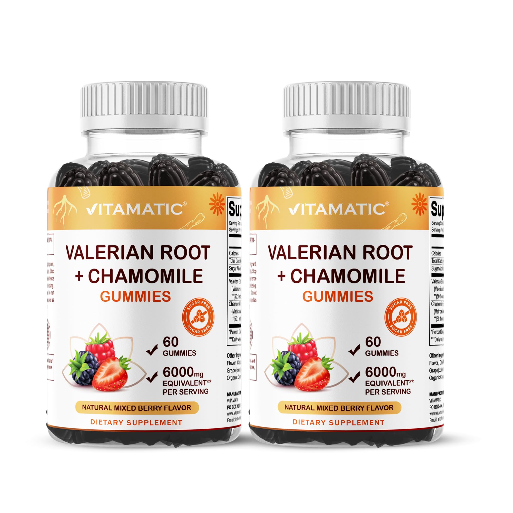 Vitamatic Valerian Root Chamomile Gummies bottle front for a calming bedtime routine.
