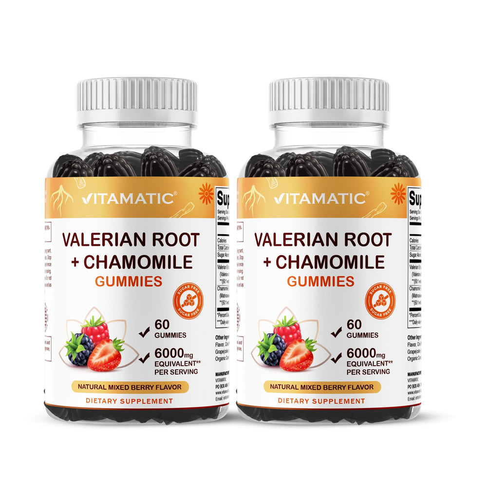 Vitamatic Valerian Root Chamomile Gummies bottle front for a calming bedtime routine.