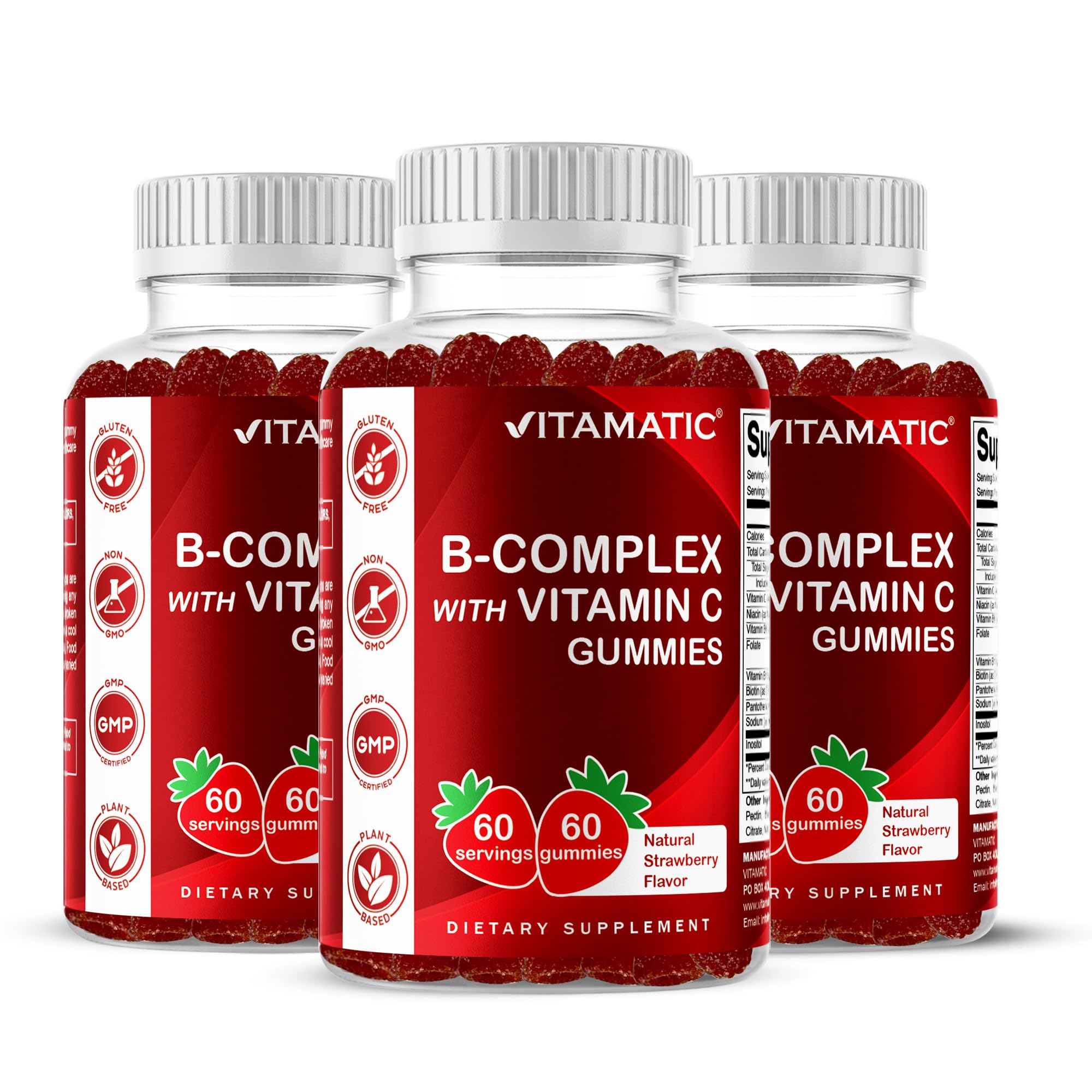 Vitamatic B Complex Gummies bottle with natural strawberry flavor for easy daily nourishment.