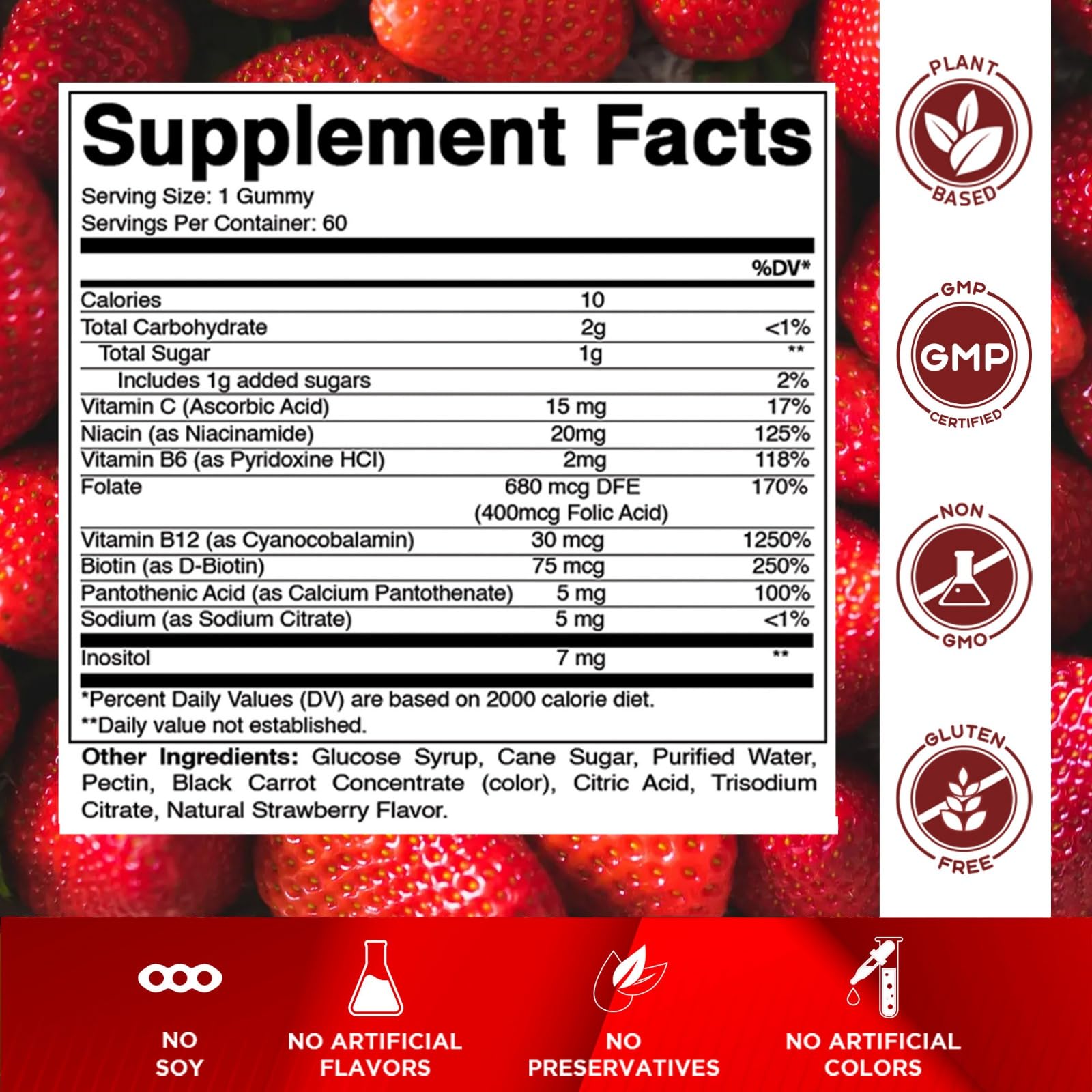 Vitamatic B Complex Gummies closeup shows vibrant gummies and strawberry taste.