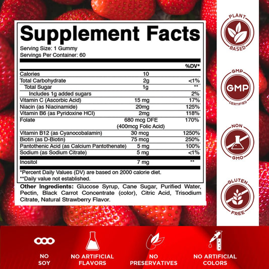 Vitamatic B Complex Gummies closeup shows vibrant gummies and strawberry taste.