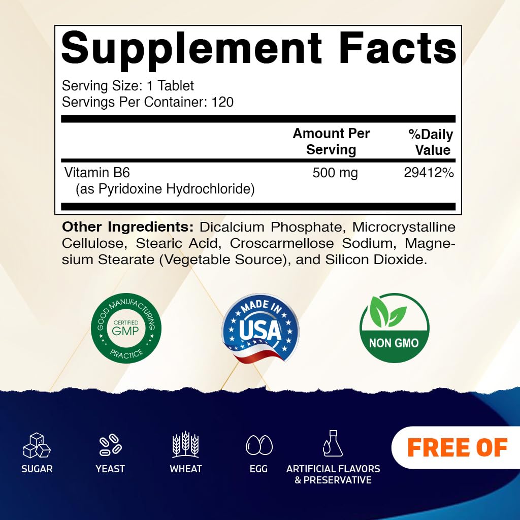 Close-up of Vitamatic B6 bottle label with non-GMO and gluten-free cues