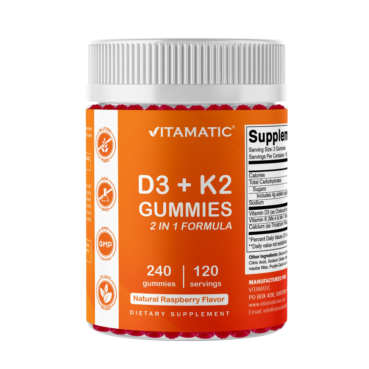 Vitamatic Vitamin D3 K2 Calcium Gummies bottle front with raspberry flavor for daily routine