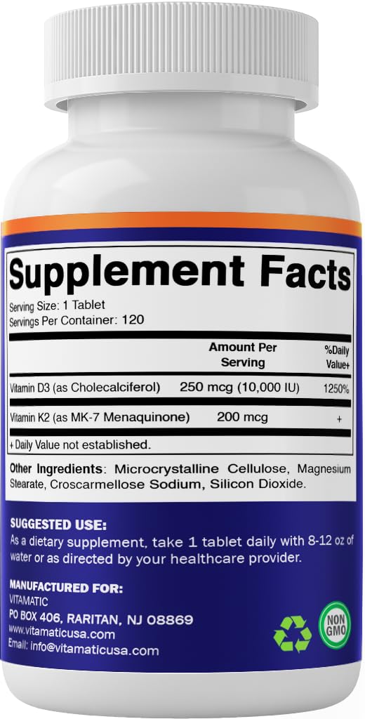 Calcium support focus on Vitamatic D3 K2 packaging.