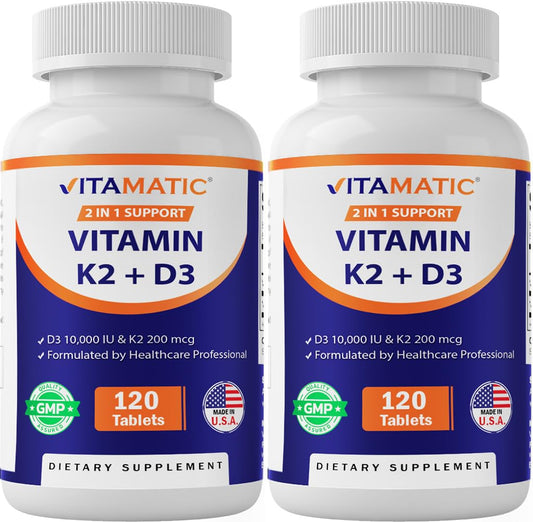 Vitamatic Vitamin D3 K2 bottle front showing label and potential bone support.