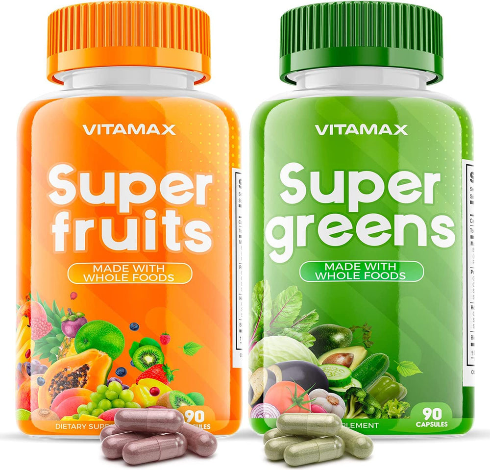 Vitamax bottle front view showing a convenient daily superfood capsule routine