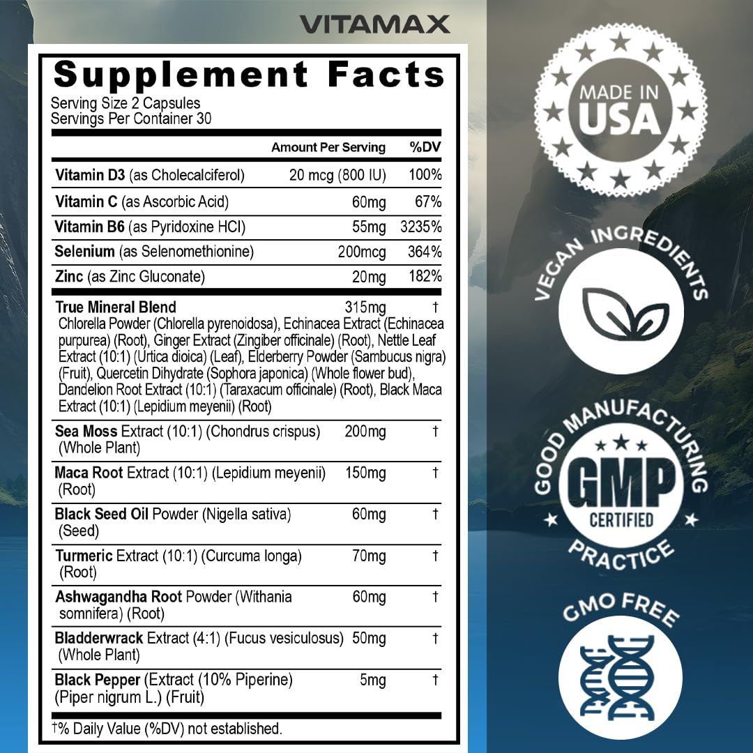 Vitamax Elderberry Vitamin C D3 capsules bottle emphasizes immune-friendly nutrition and vitality.