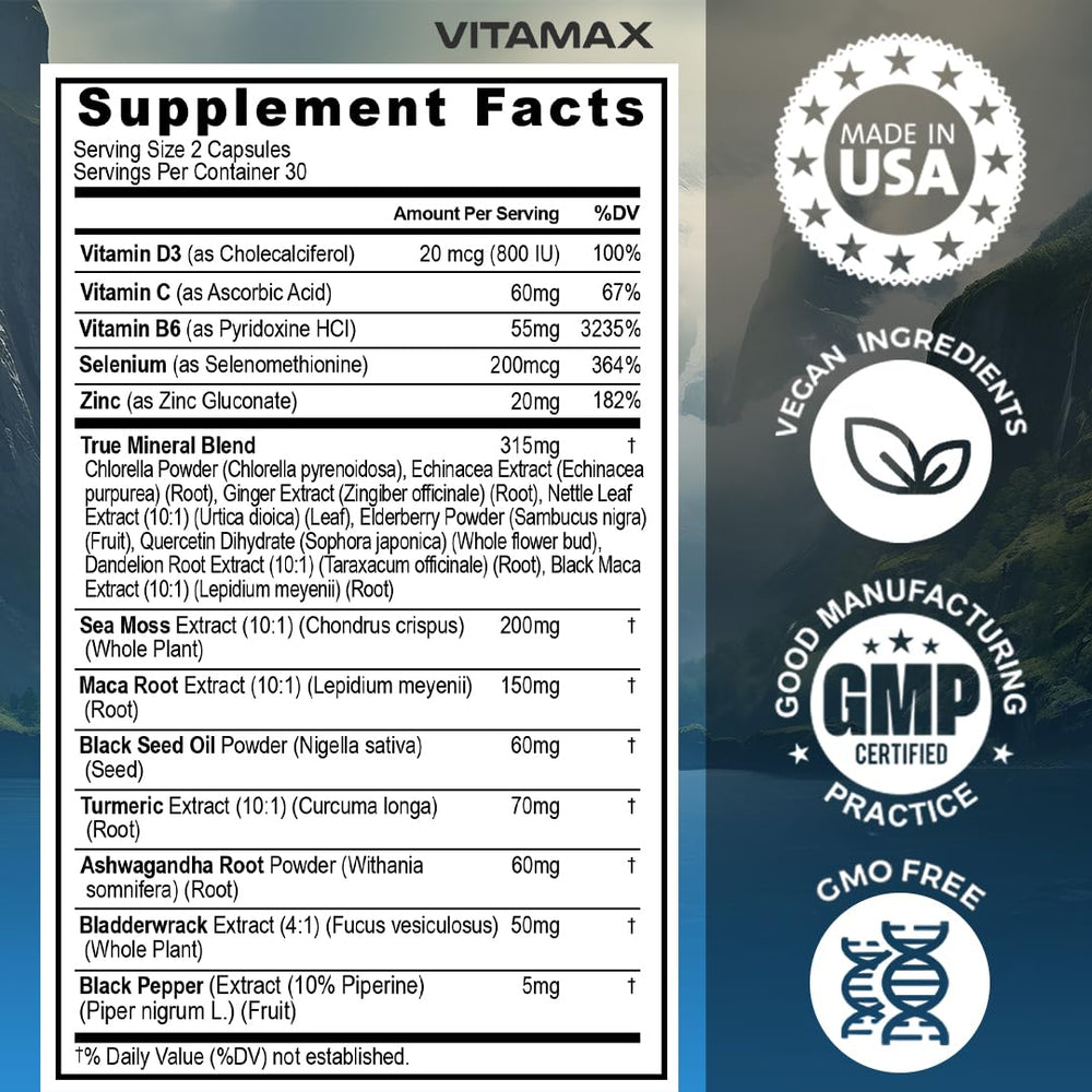 Vitamax Elderberry Vitamin C D3 capsules bottle emphasizes immune-friendly nutrition and vitality.