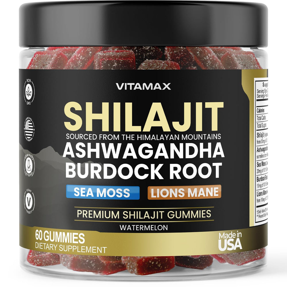 Vitamax Organic Shilajit Gummies jar showing natural energy and immune support