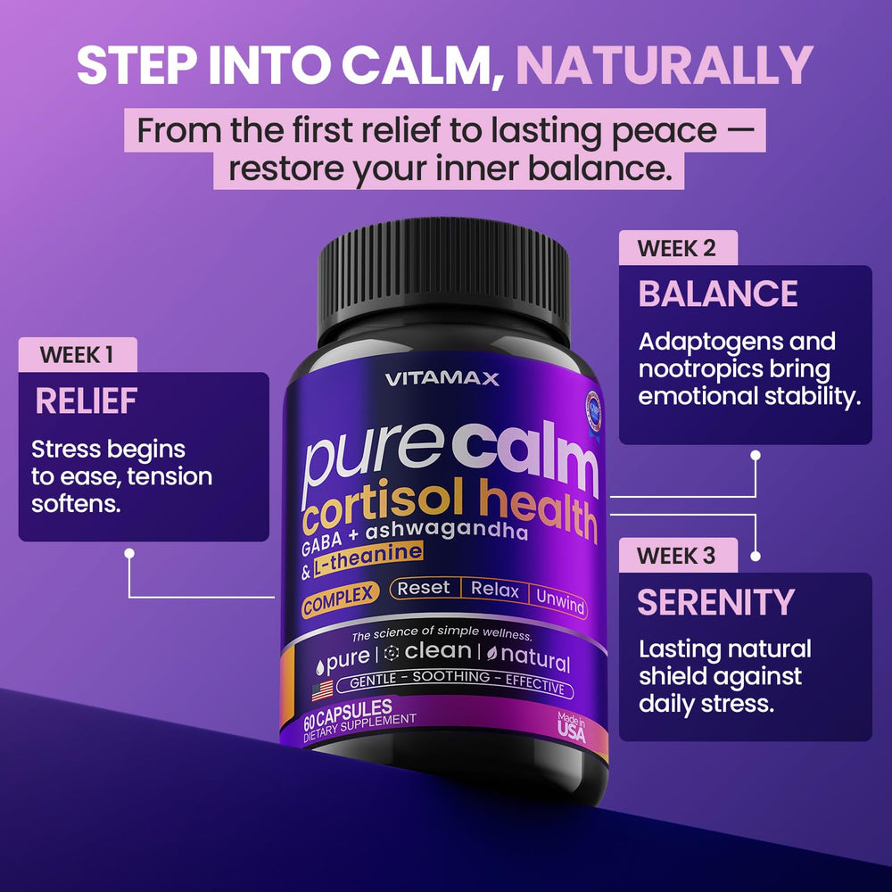 Vitamax Pure Calm capsules close-up highlighting vegan capsule format.