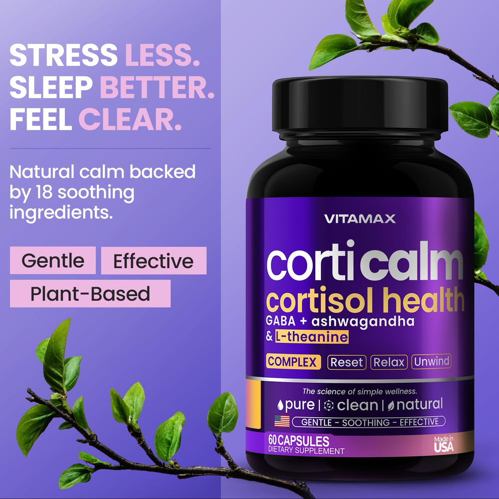 Vitamax Pure Calm daily-use bottle illustrates convenient, natural support.