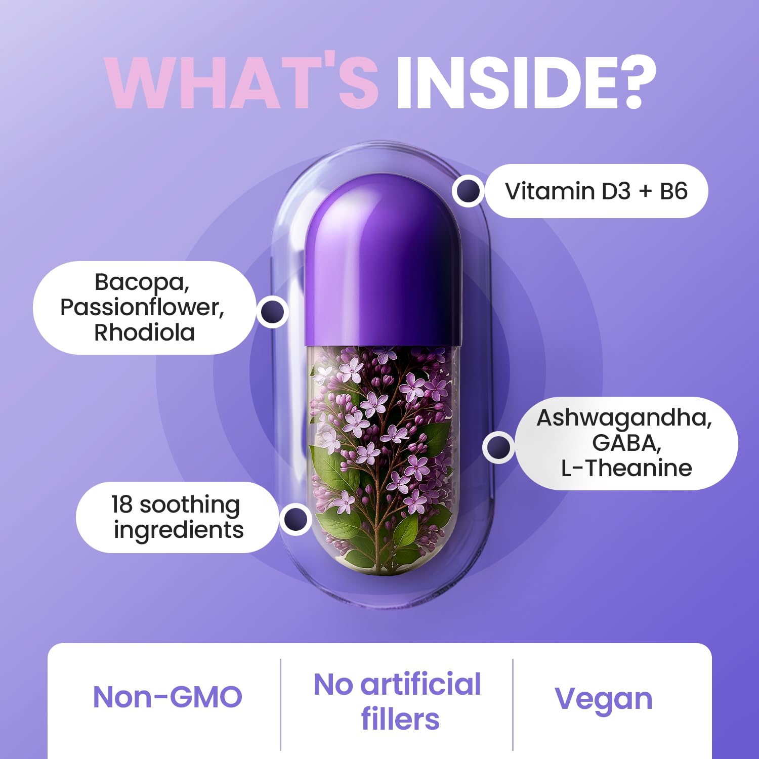 Vitamax Pure Calm ginkgo biloba focus cue in bottle imagery.