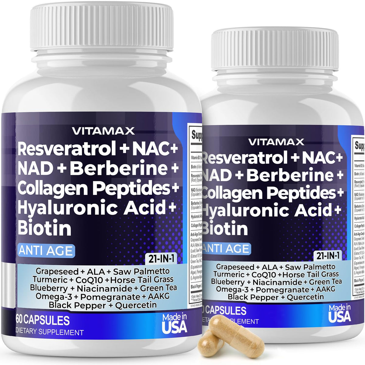 Vitamax bottle with resveratrol and NAD+ may support joint and skin health