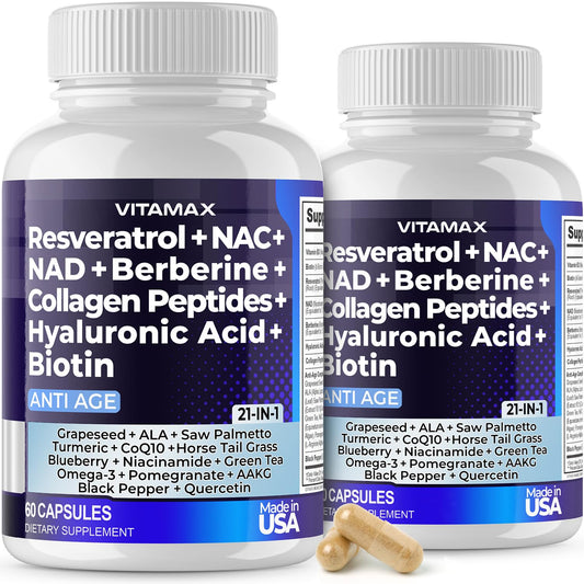 Vitamax bottle with resveratrol and NAD+ may support joint and skin health