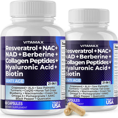 Vitamax bottle with resveratrol and NAD+ may support joint and skin health