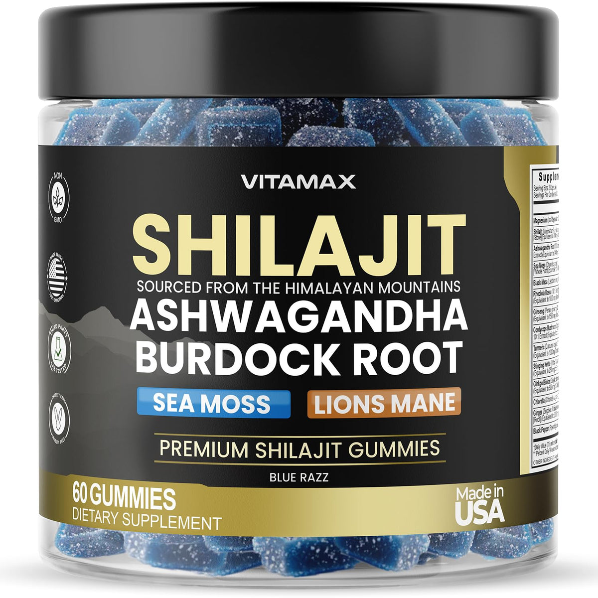 Vitamax Shilajit Gummies bottle front for convenient daily energy support