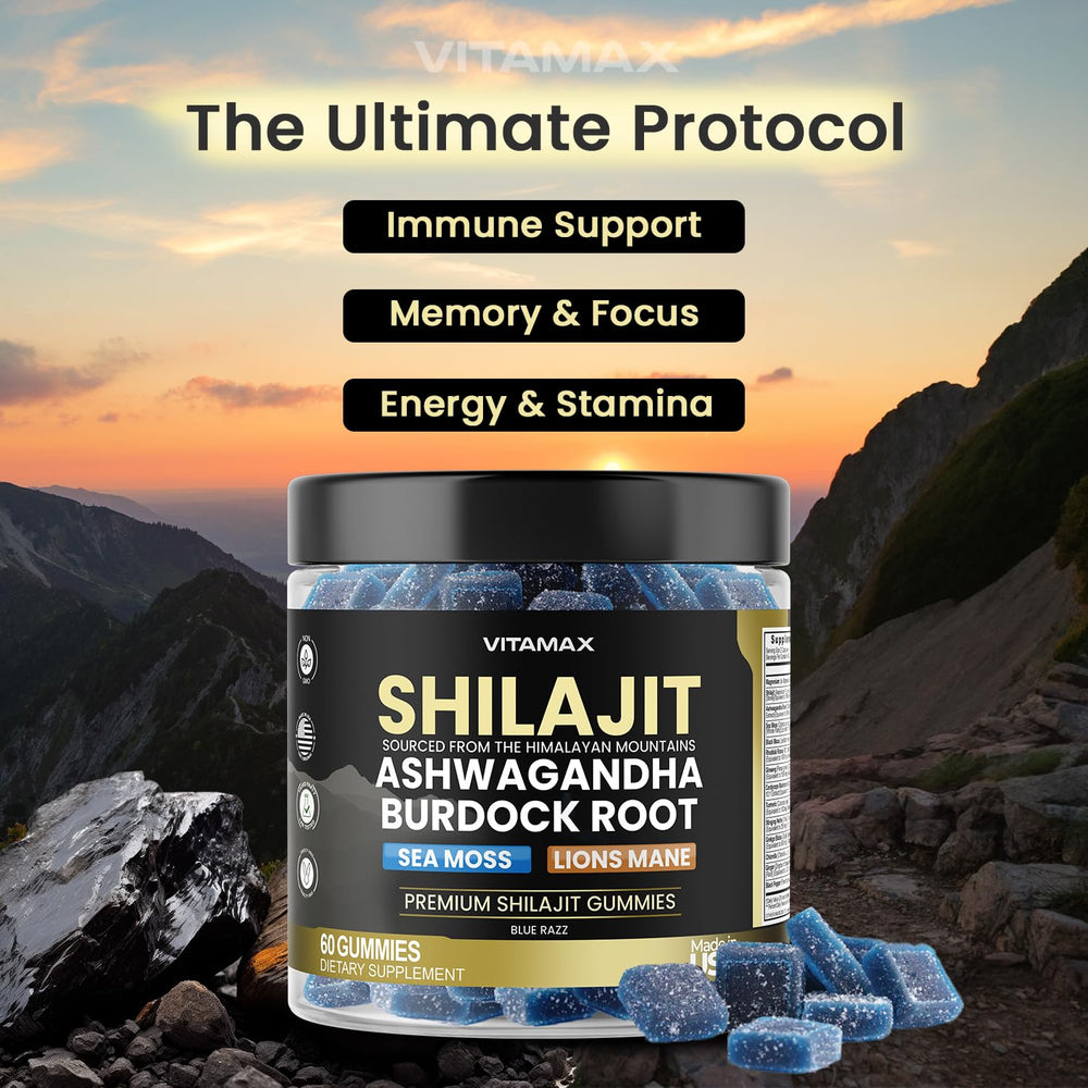 Vitamax Shilajit Gummies close-up of chewy gummies with berry flavor for daily wellness