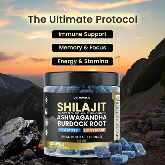 Vitamax Shilajit Gummies close-up of chewy gummies with berry flavor for daily wellness