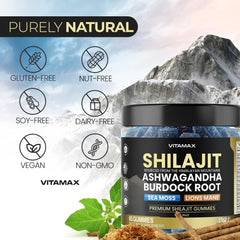 Vitamax Shilajit Gummies vegan and Non-GMO label on the package