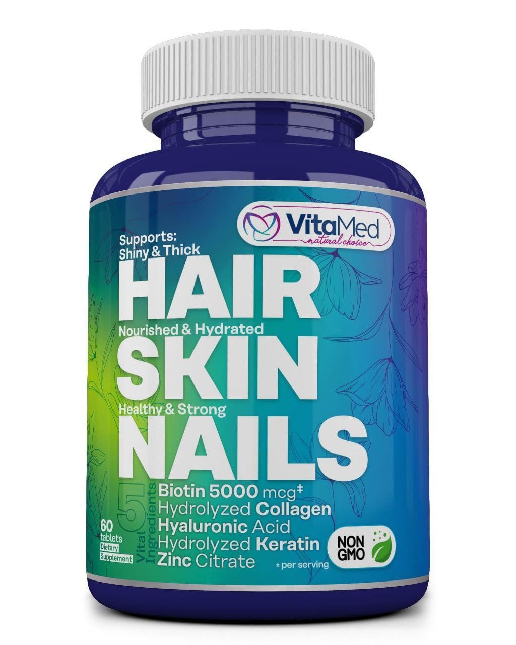 VitaMed Hair, Skin & Nails bottle front promoting daily beauty support for hair and nails.