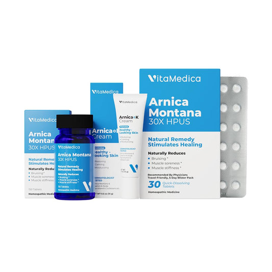 VitaMedica Arnica Montana 30X tablets bottle for bruise and swelling support.