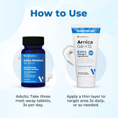 Recovery scene with VitaMedica Arnica tablets and gel in a post‑op setup.