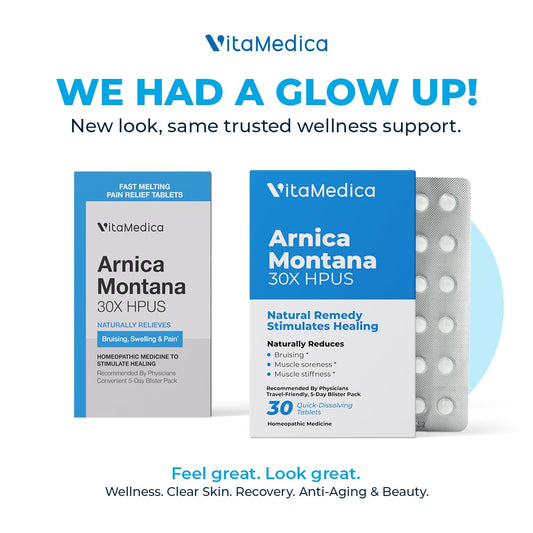Close-up of VitaMedica Arnica Montana tablets in blister packaging