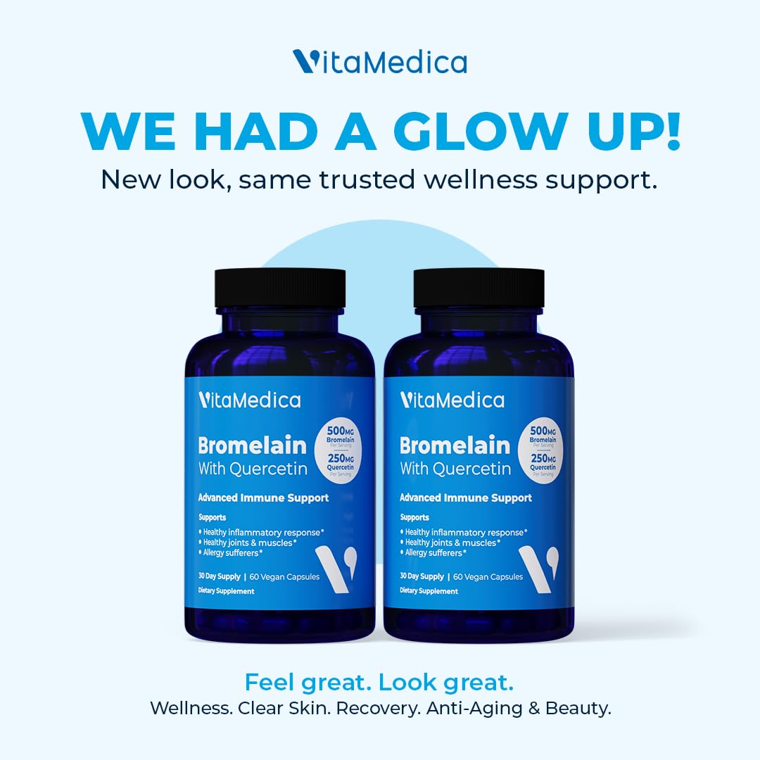 VitaMedica Bromelain-Quercetin capsules closeup showing potency.