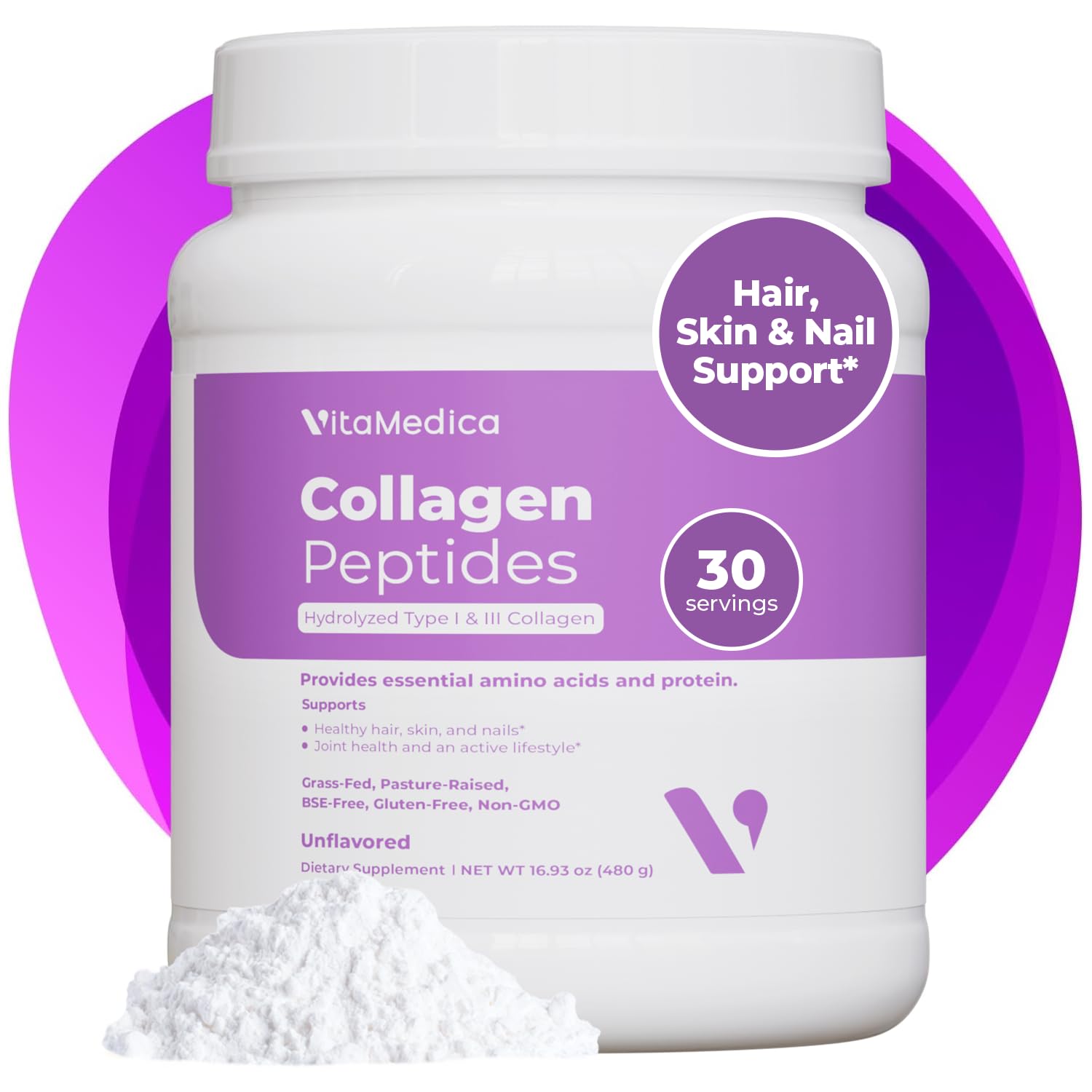 VitaMedica Collagen Peptides bottle highlights grass-fed formula for daily beauty support.