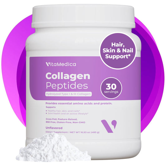 VitaMedica Collagen Peptides bottle highlights grass-fed formula for daily beauty support.