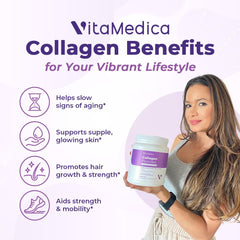 VitaMedica collagen bottle highlights grass-fed source and quality.