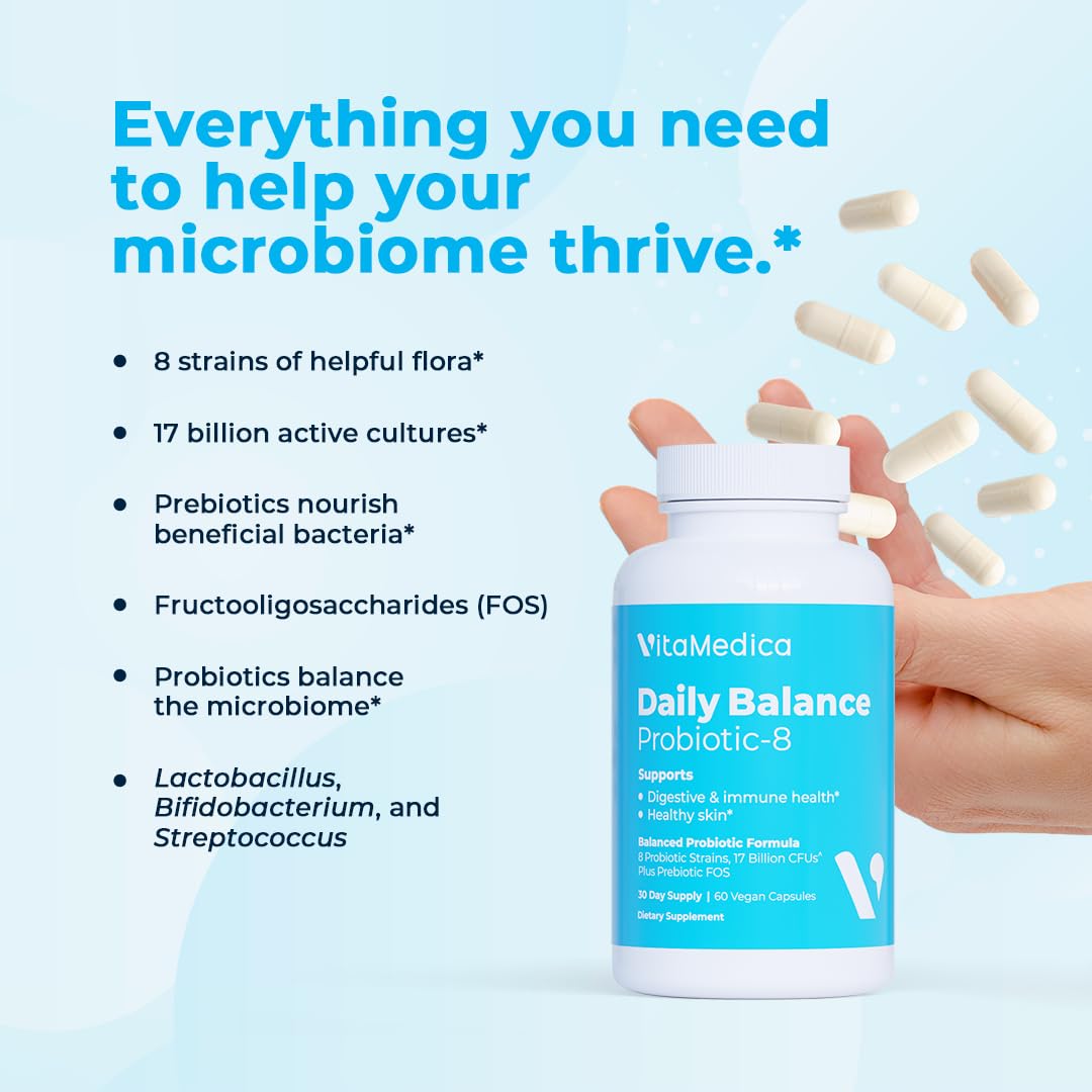VitaMedica Daily Balance-8 packaging and bottle highlighting vegan capsules