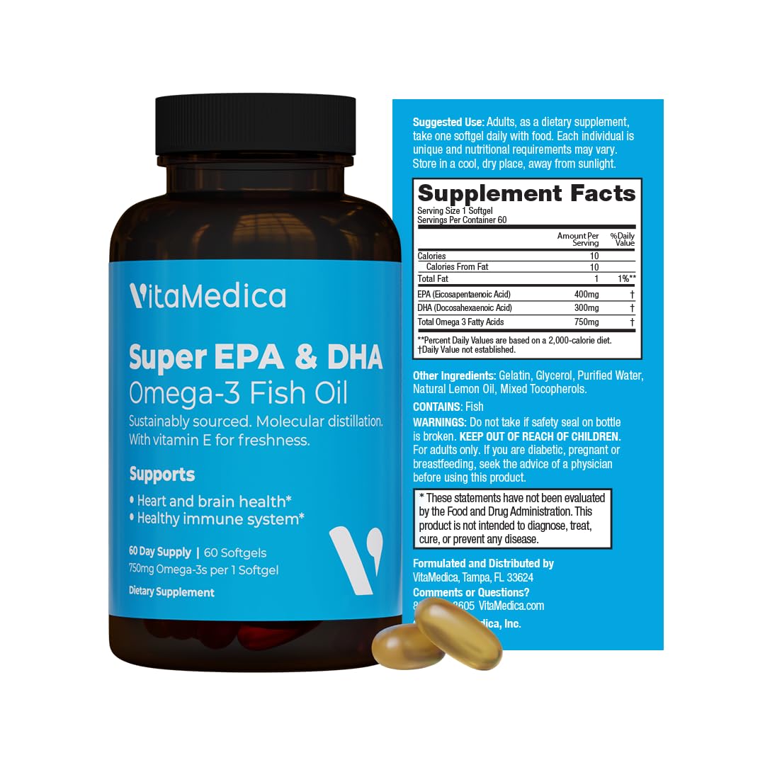 VitaMedica high-potency fish oil bottle with 750 mg softgels for cardiovascular support.