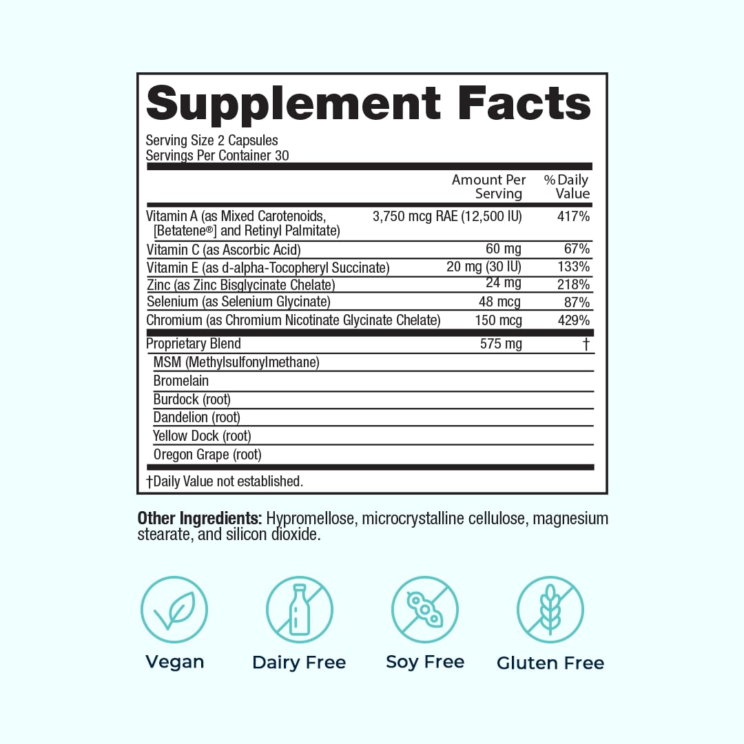 VitaMedica ingredients panel highlights vitamins and minerals for skin health.