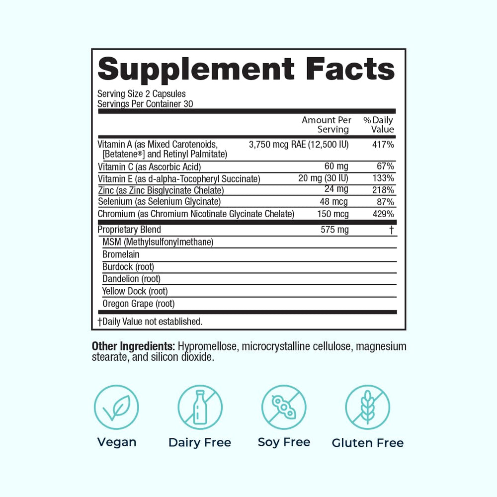 VitaMedica ingredients panel highlights vitamins and minerals for skin health.