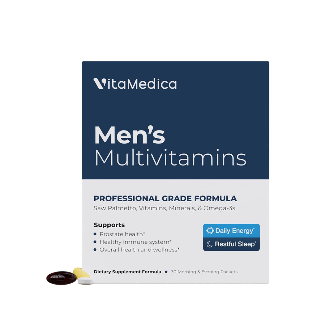 VitaMedica Men’s Multivitamin bottle highlighting energy support and key ingredients.