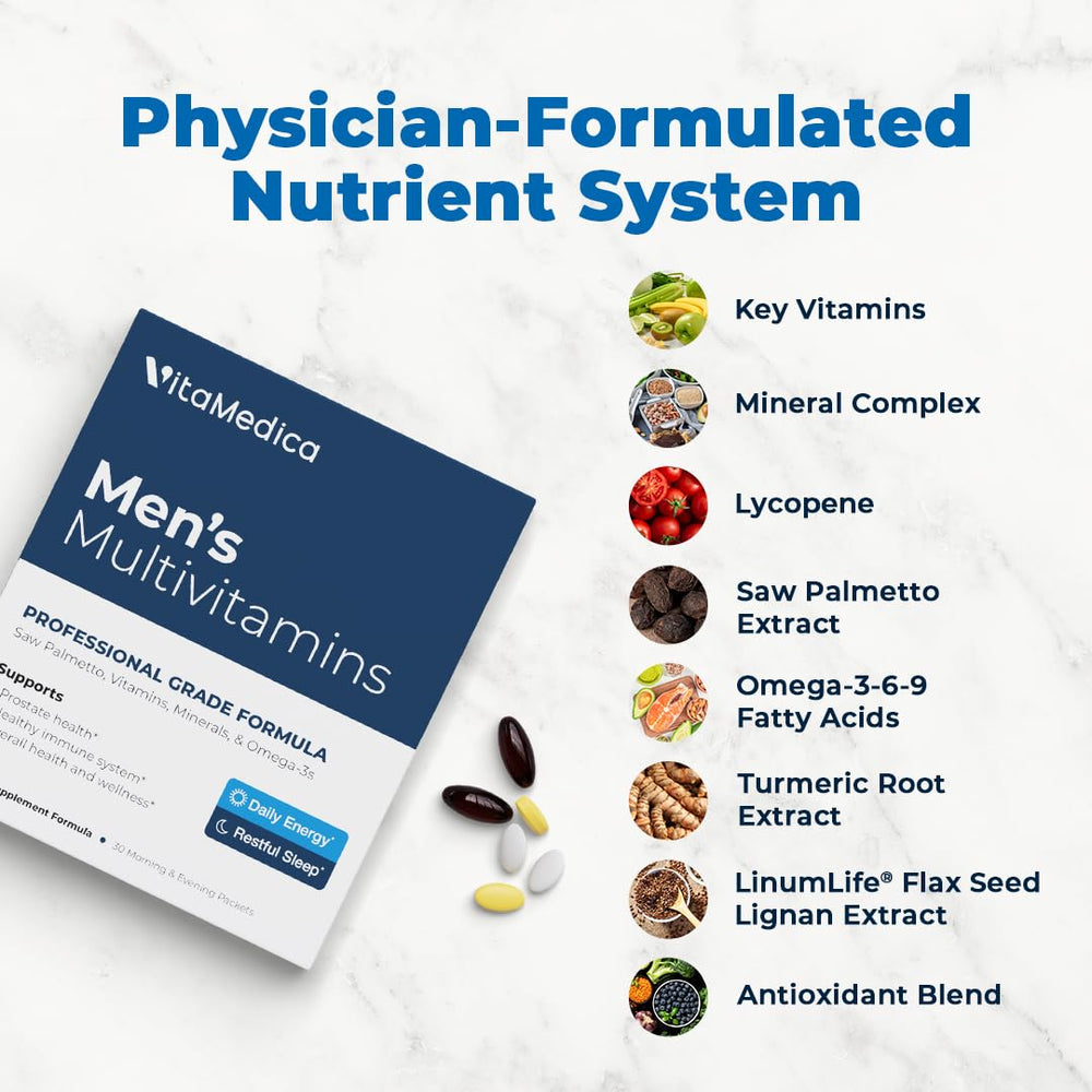VitaMedica Men’s Multivitamin box front emphasizing prostate health support and daily use.