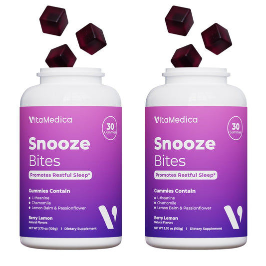 VitaMedica Snooze Gummies bottle promotes melatonin-free sleep support.