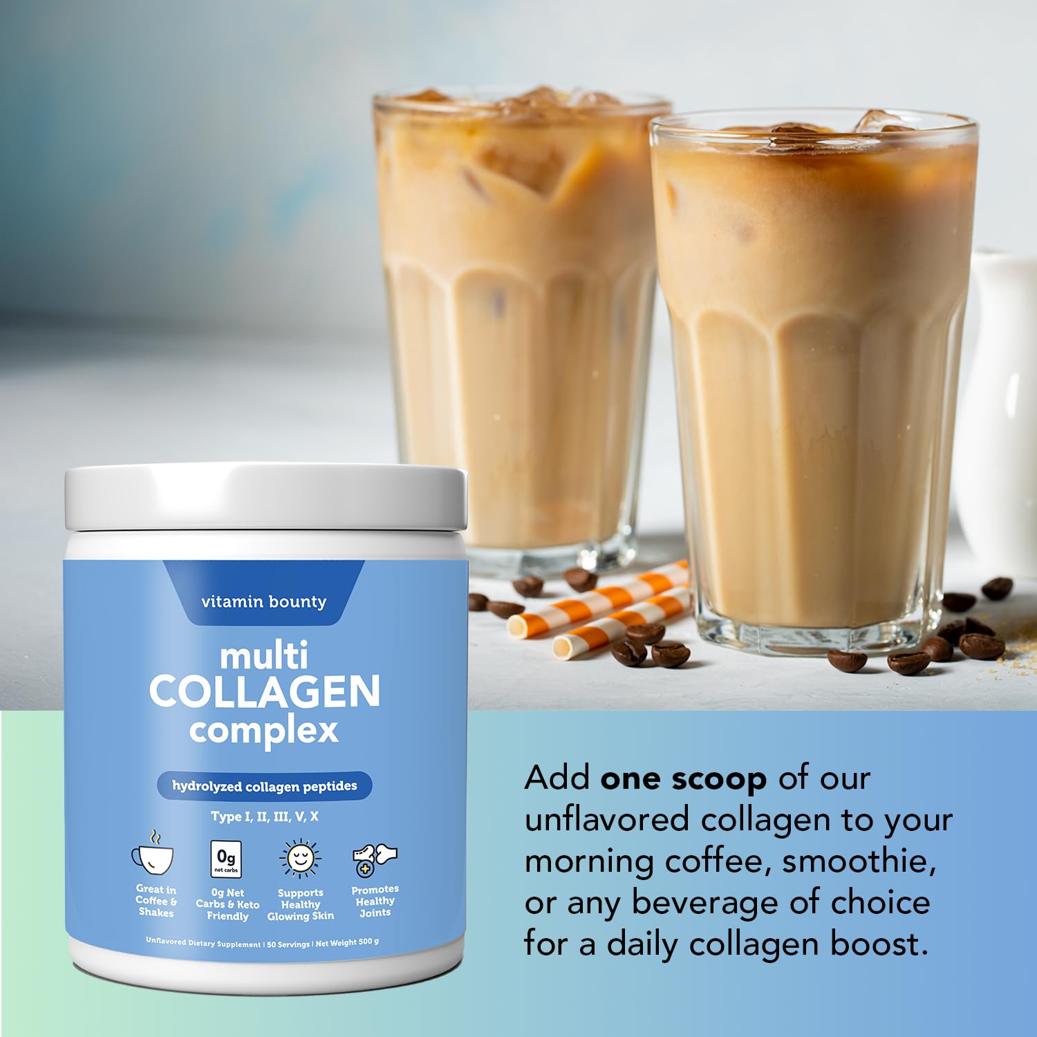 Vitamin Bounty collagen powder poured into coffee demonstrates easy daily integration