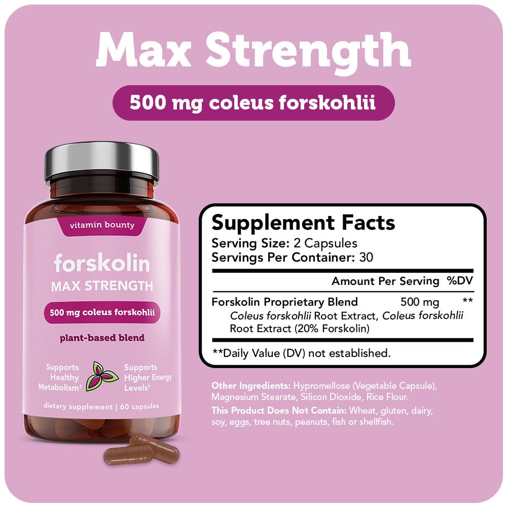 Vitamin Bounty Forskolin capsules on a light backdrop highlighting maximum strength potency.