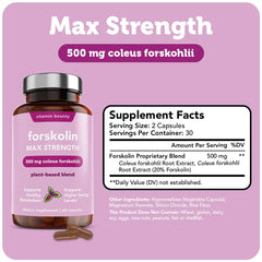 Vitamin Bounty Forskolin capsules on a light backdrop highlighting maximum strength potency.