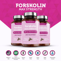 Vitamin Bounty Forskolin bottle highlights quality controls and ingredients.
