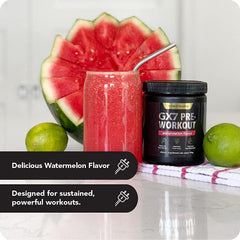 GX7 pre-workout solution dissolved in glass with refreshing watermelon flavor