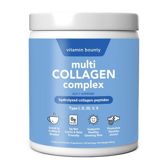 Vitamin Bounty Multi Collagen Complex bottle label shows collagen types I–X for skin and joints